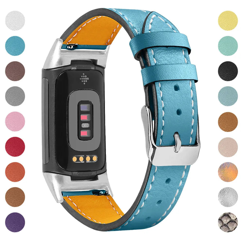 Genuine cowhide leather strap for Fitbit Charge 5 and Charge 6 smart watch in various colour options.