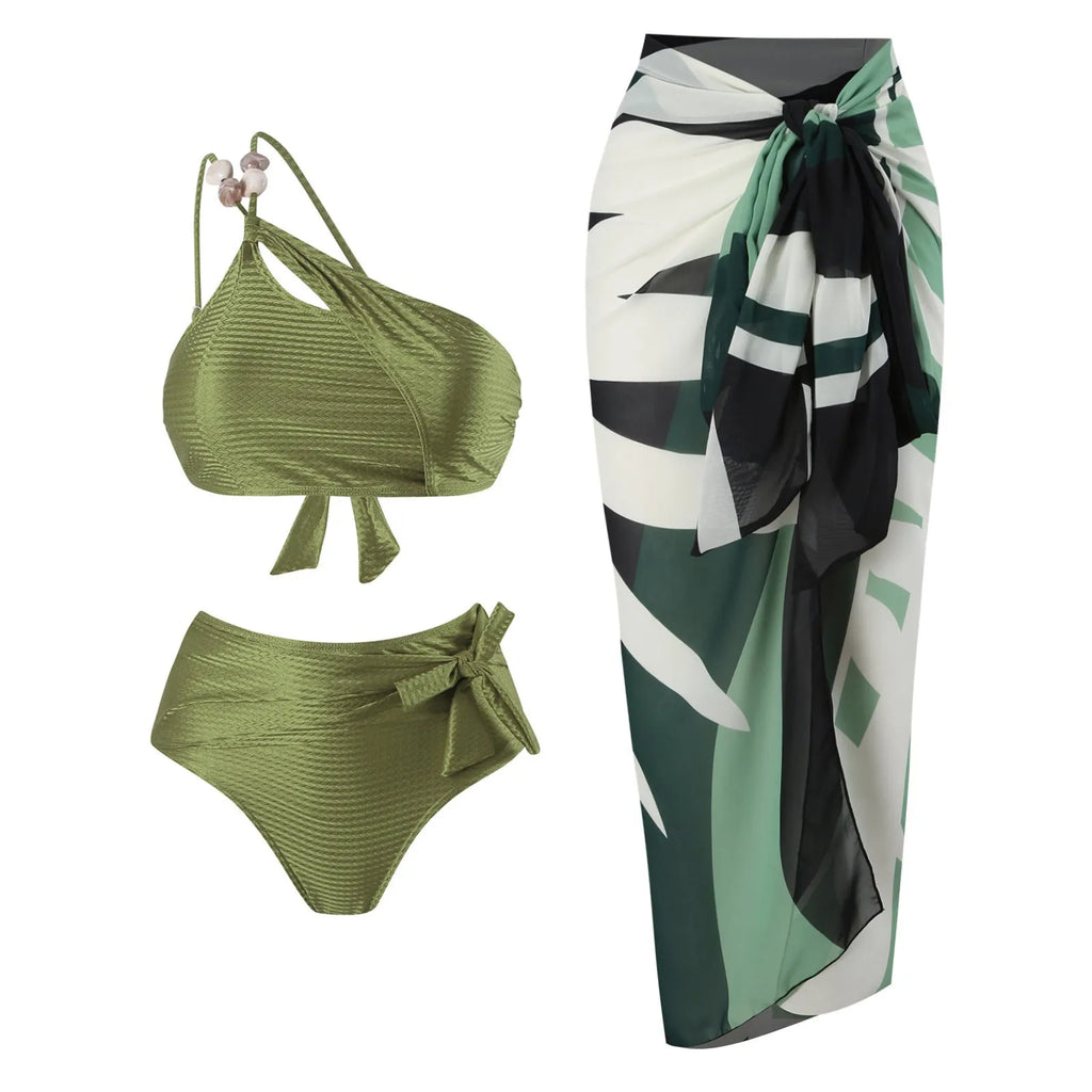 Brown high waist bikini swimsuit with push up top and attached chiffon dress overlay.