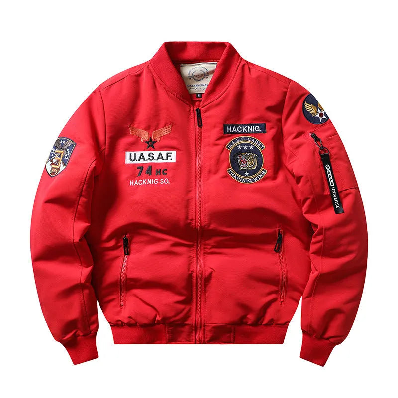 Men's slim-fit black retro embroidered cotton-padded coat with a stand collar.
