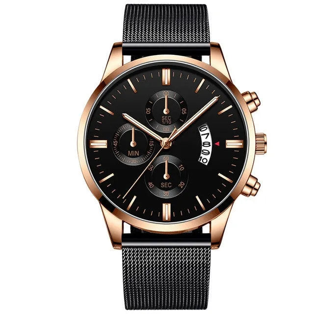 Men's stainless steel mesh band business watch with analogue dial and two-tone colour options.