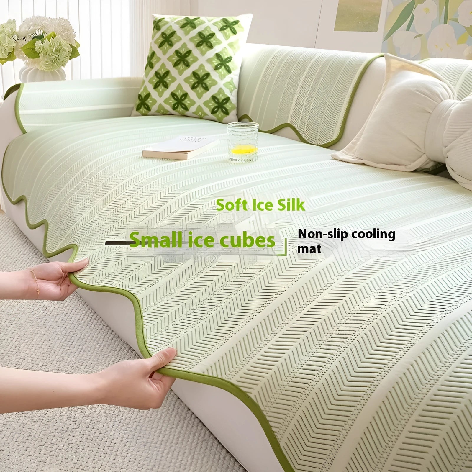 Special-shaped straight row mat cover in Ice Silk fabric on a sofa, showing non-slip design and light luxury style.