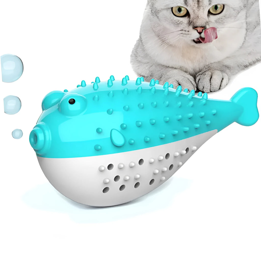 Blue silicone fish-shaped cat chew toy with toothbrush texture for grabing and chewing