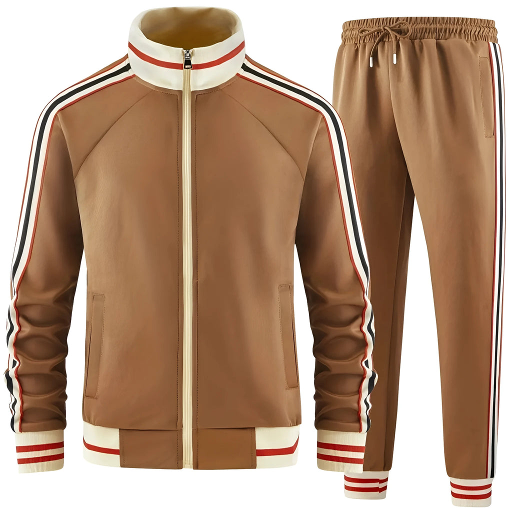 Khaki coloured polyester turtleneck zip cardigan and matching trousers laid flat as a two-piece suit set.