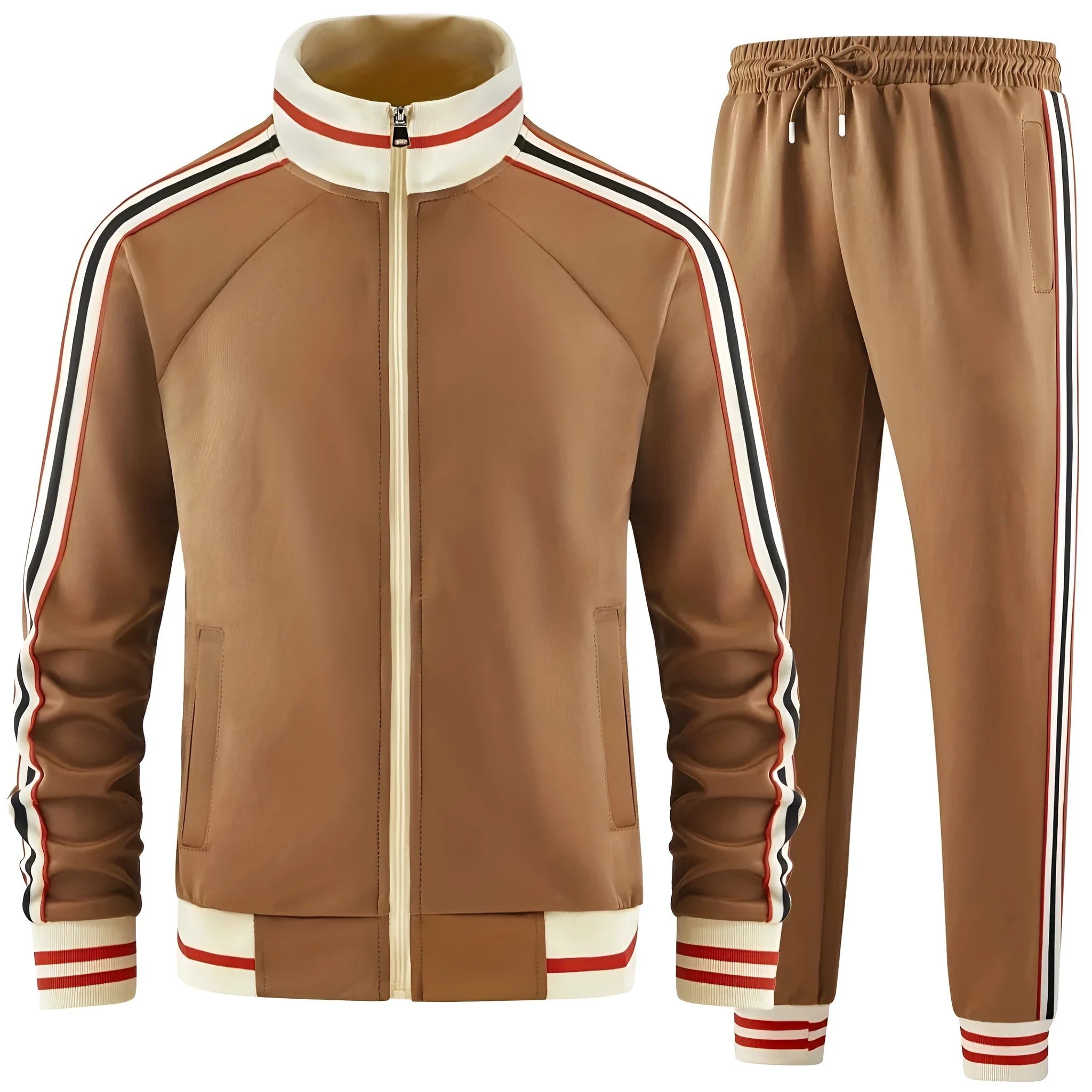 Khaki coloured polyester turtleneck zip cardigan and matching trousers laid flat as a two-piece suit set.