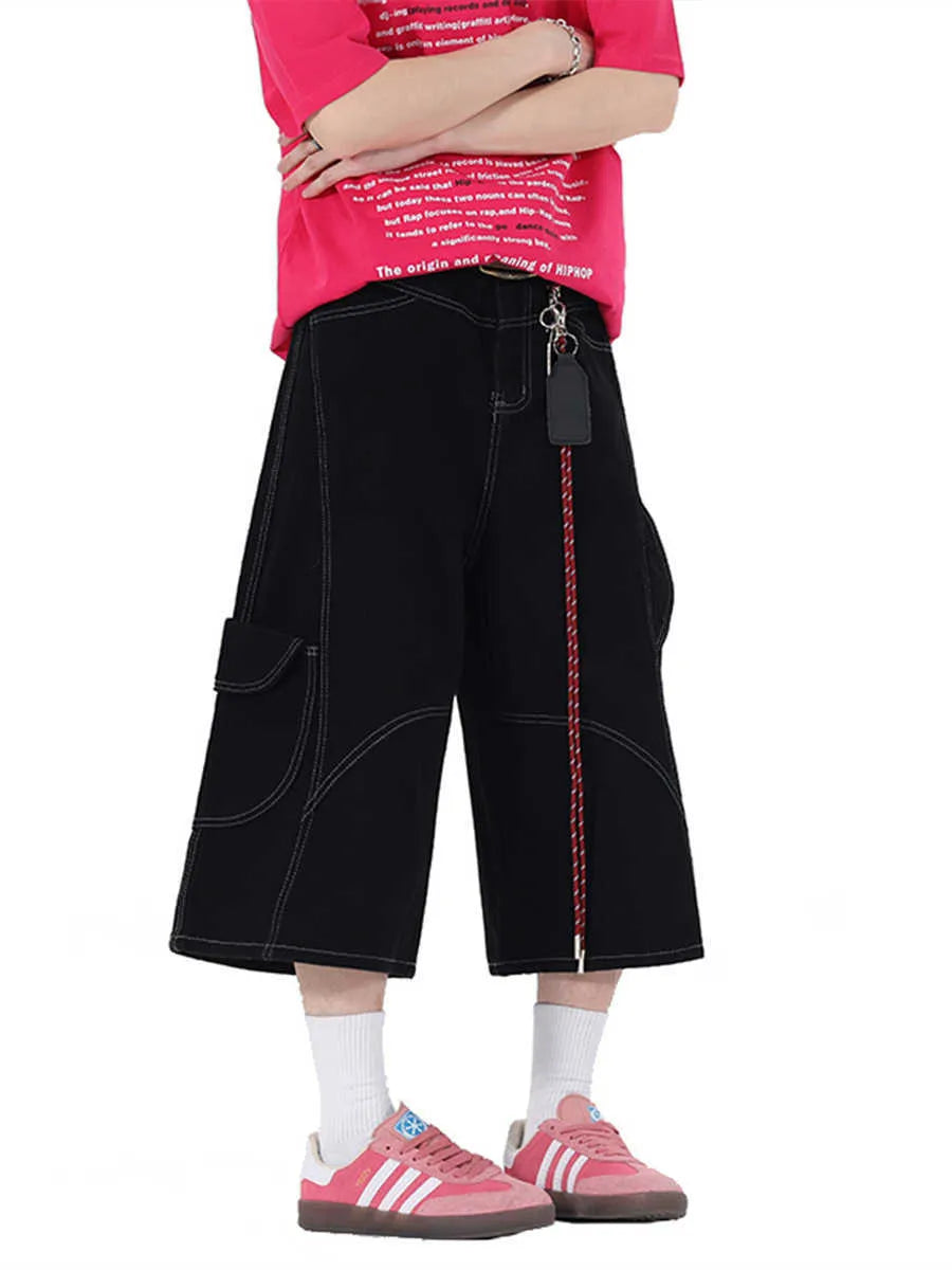 Retro denim wide-leg cropped trousers with multiple pockets, shown in red and black colour options.