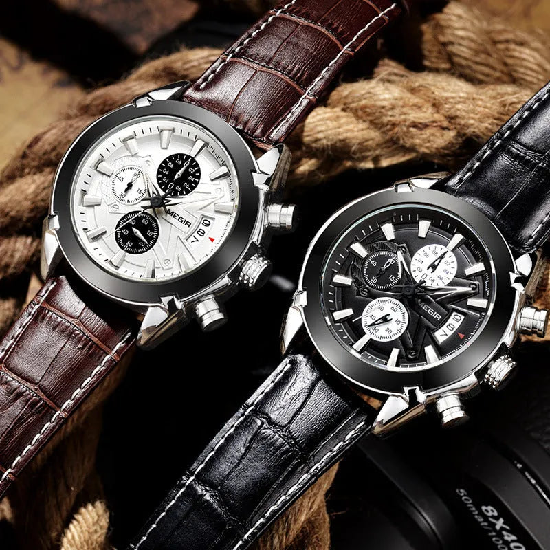 Men's multifunctional quartz chronograph watch with three sub-dials and luminous markers