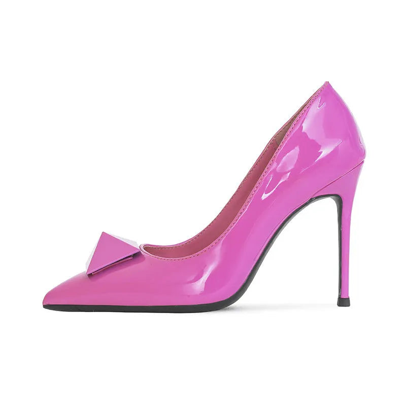 Women's pink patent leather pointed toe stiletto heels with rivet buckle decoration