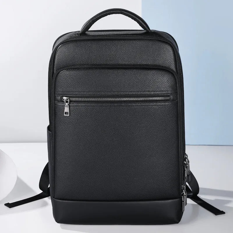 Black genuine leather men's business backpack with curved shoulder straps