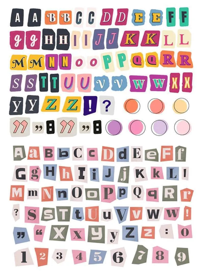 Five colour groups of English letters and numbers label stickers with weekday words for material decoration