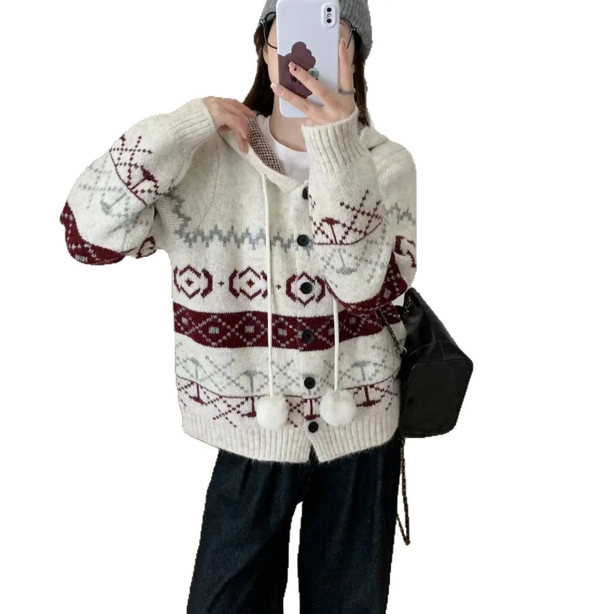 Plus size loose brocade sweater coat with geometric pattern in milky white colour