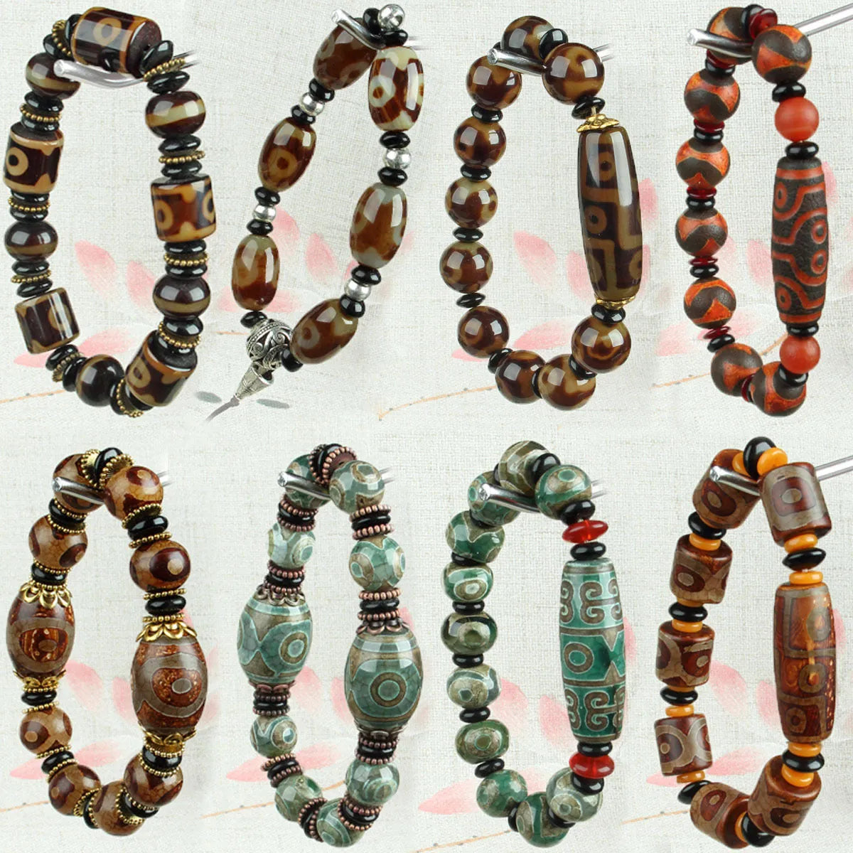 Handmade distressed agate dzi bead bracelet with polished Tibet beads on wrist