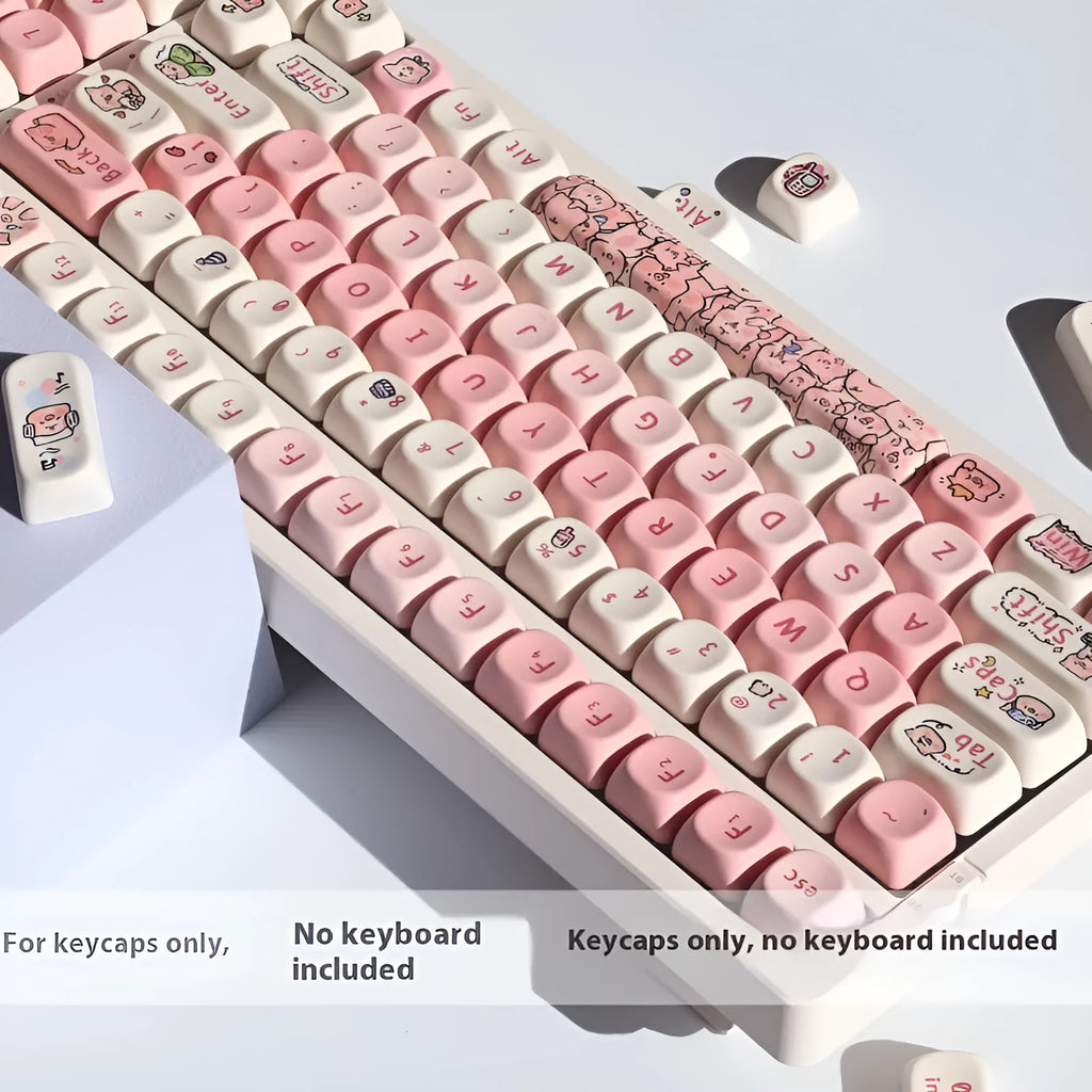 Close up of pink fragrant pig PBT keycap with MOA height profile showing five-sided sublimation design