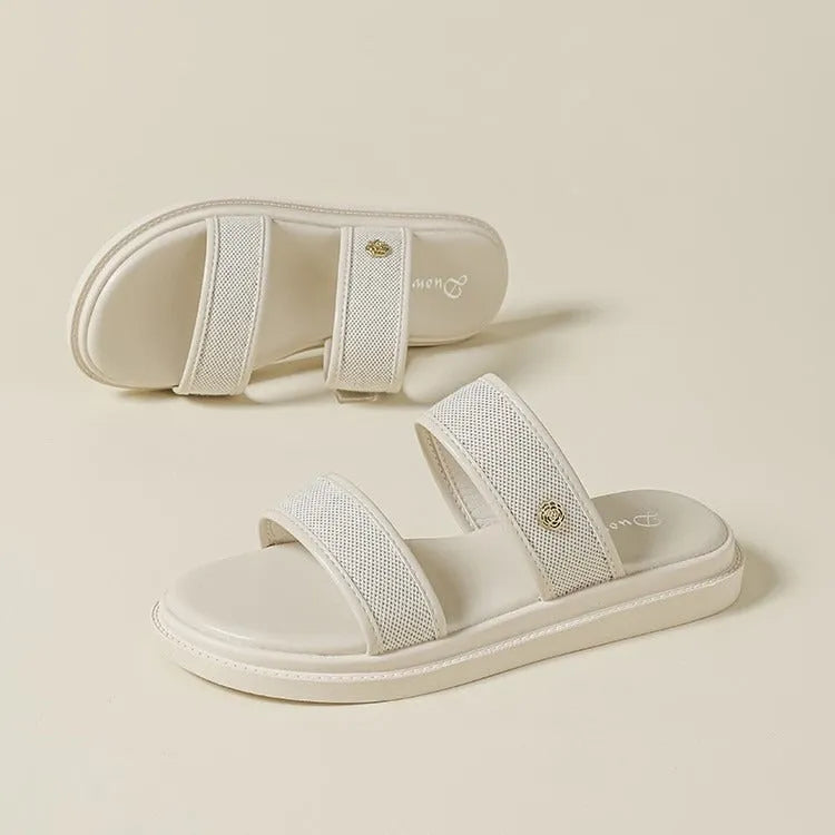 Brown women's retro flip-flops with soft bottom and artificial PU upper
