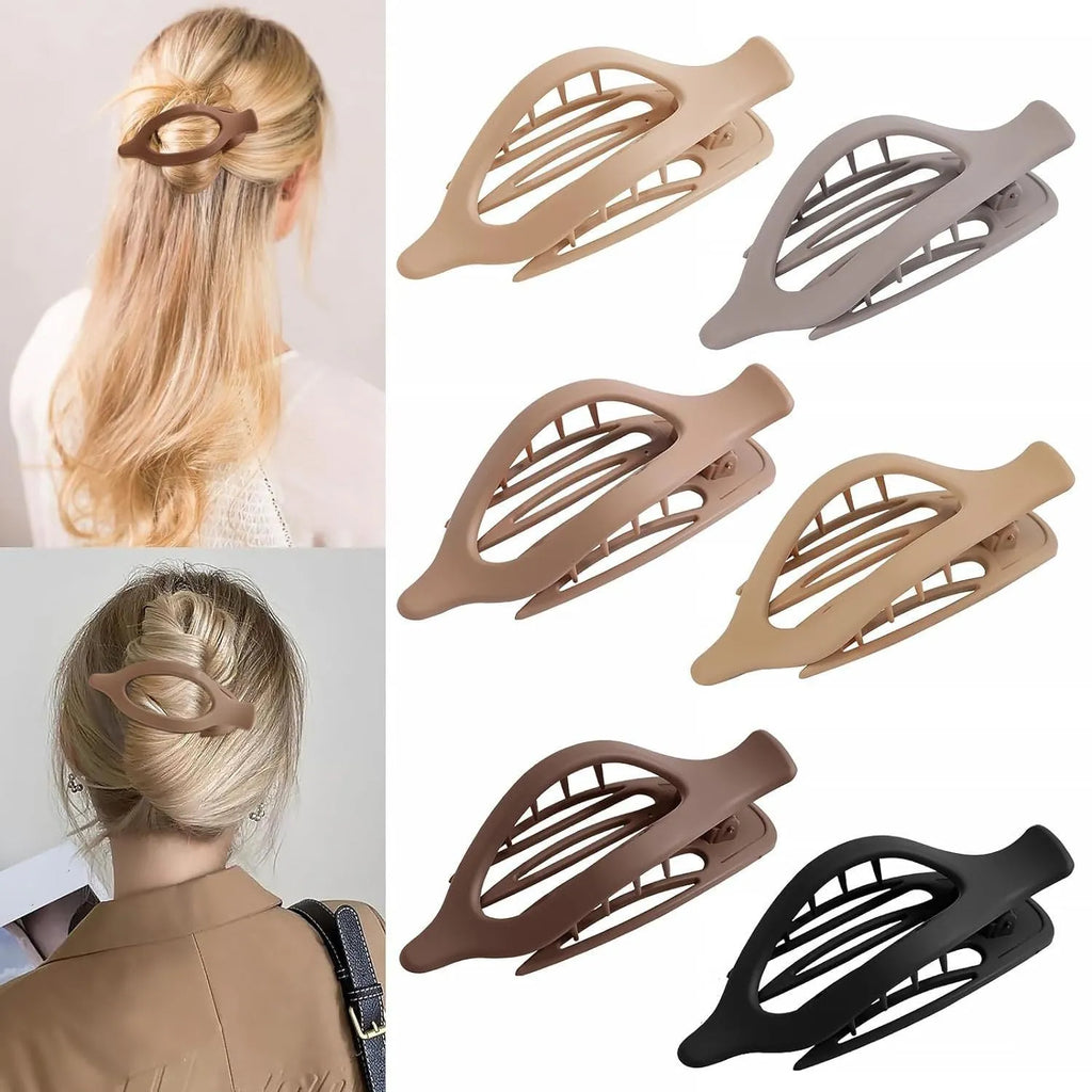 Six plastic hair clips with quadrilateral shape and frosted grip surface in nude and rose red colours