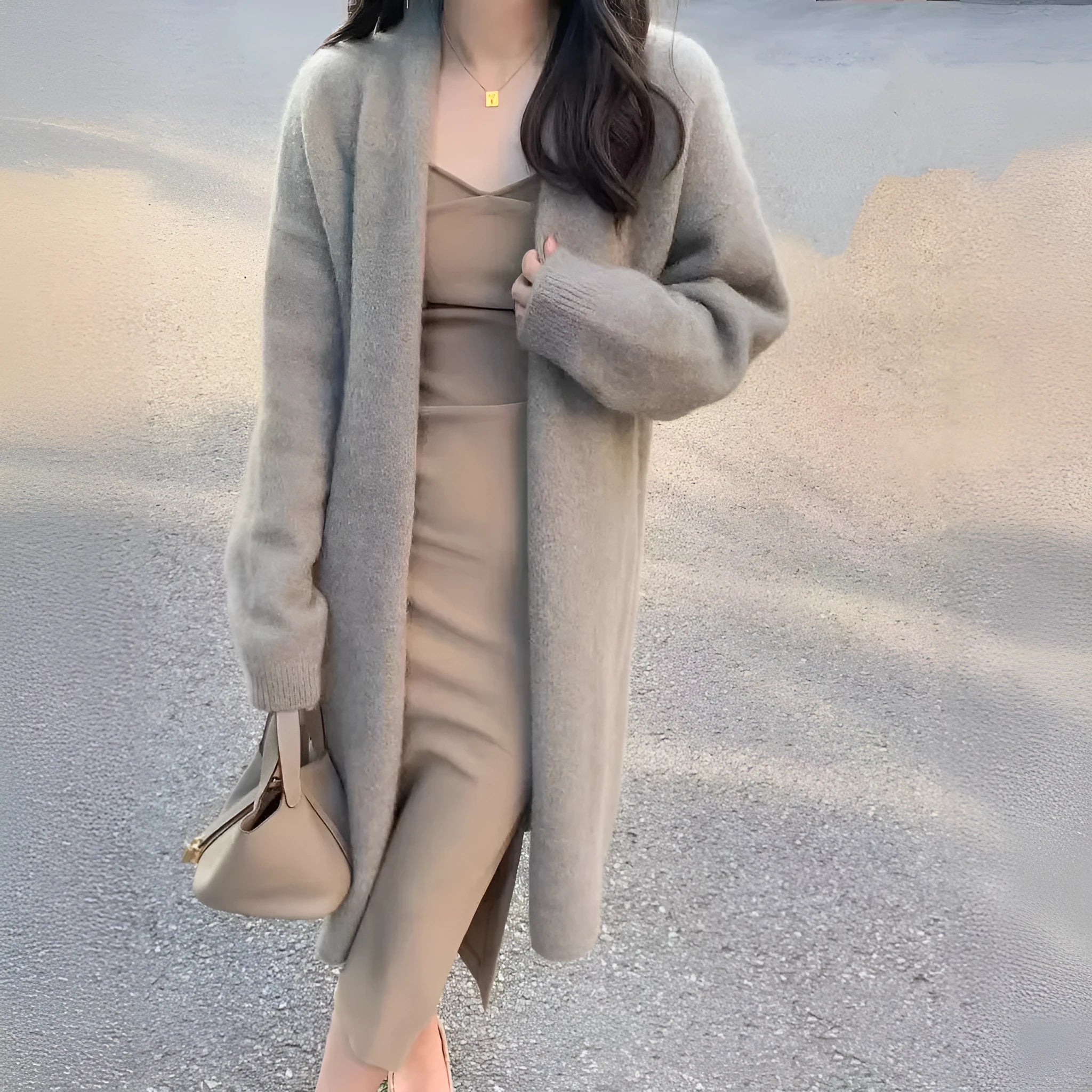 Women's mid-length knitted cardigan in loose fit with V-neck design, available in five colours