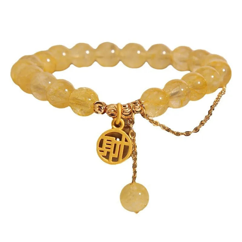 Natural citrine bracelet with Chinese character charm and decorative tassel in electroplated mixed materials