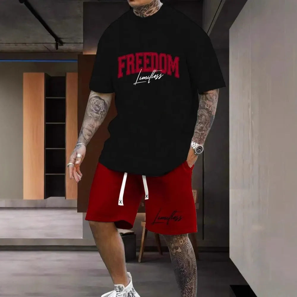 Man wearing a short sleeve top and shorts from the 3D printed letter personality suit set.