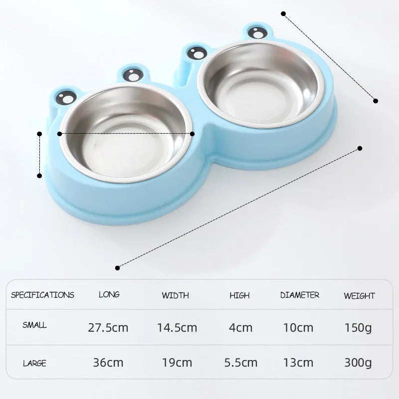 Stainless steel pet bowl with ceramic frog base and dual food water compartments