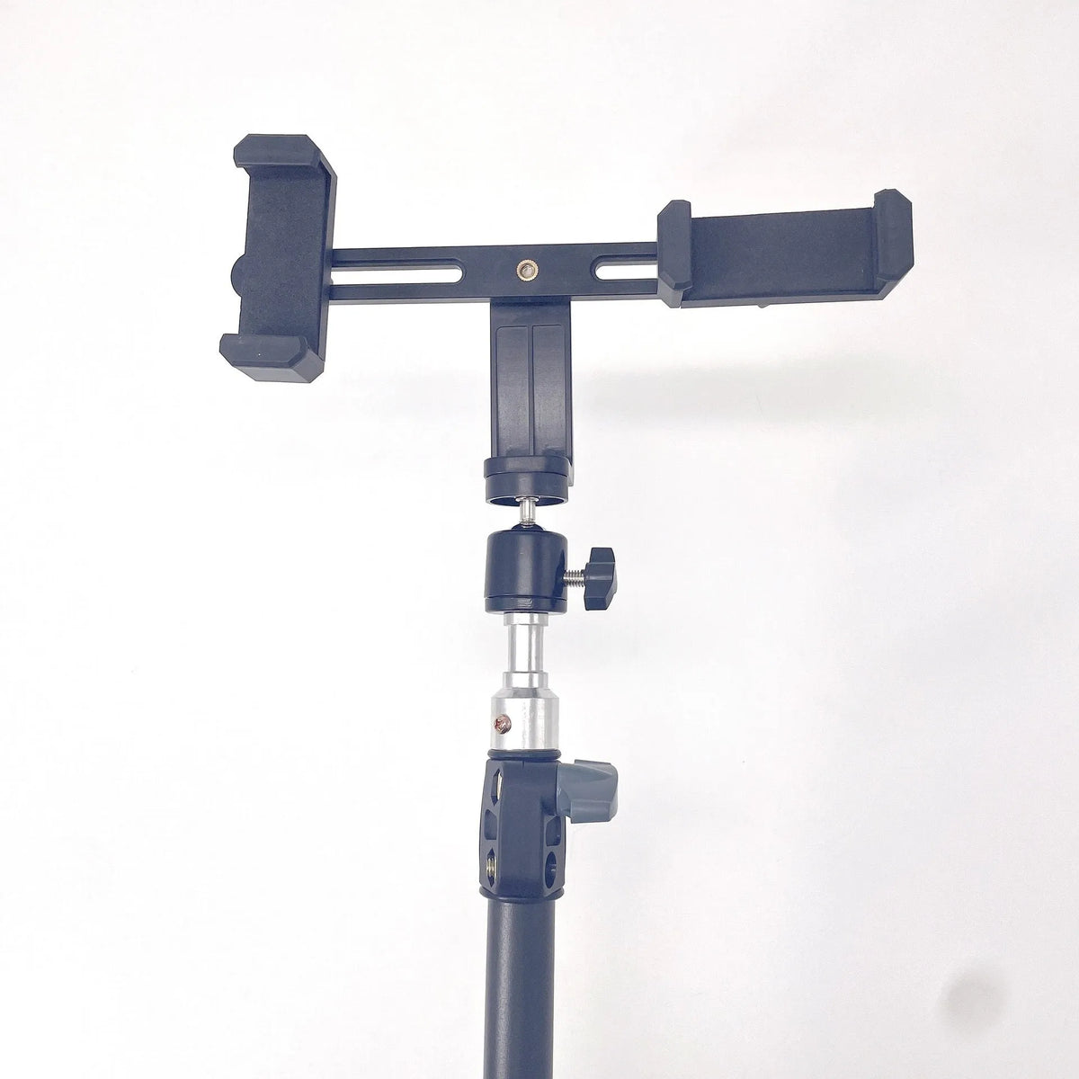 Black retractable mobile phone tripod with 1.1m, 1.6m, and 2.1m heights, metal ABS nylon build, 7kg load.