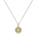 Women's sterling silver sunflower necklace with geometric pendant and adjustable cross chain.