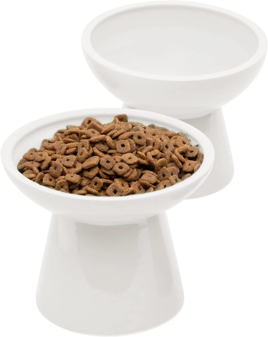 Extra-wide ceramic elevated cat bowl in blue colour showing shallow design