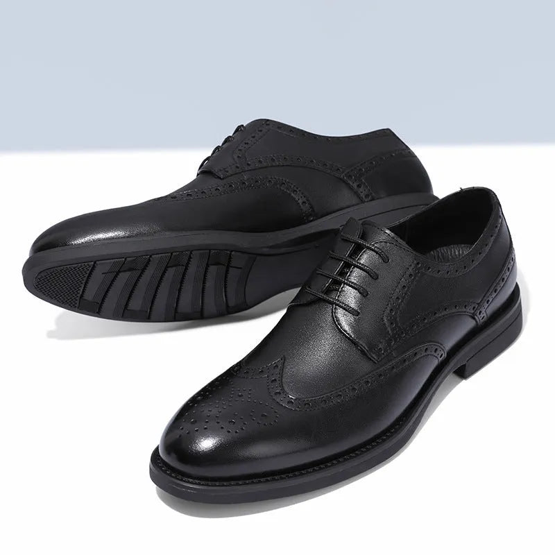 Men's black and brown brogue leather shoes in business style with PU leather upper material