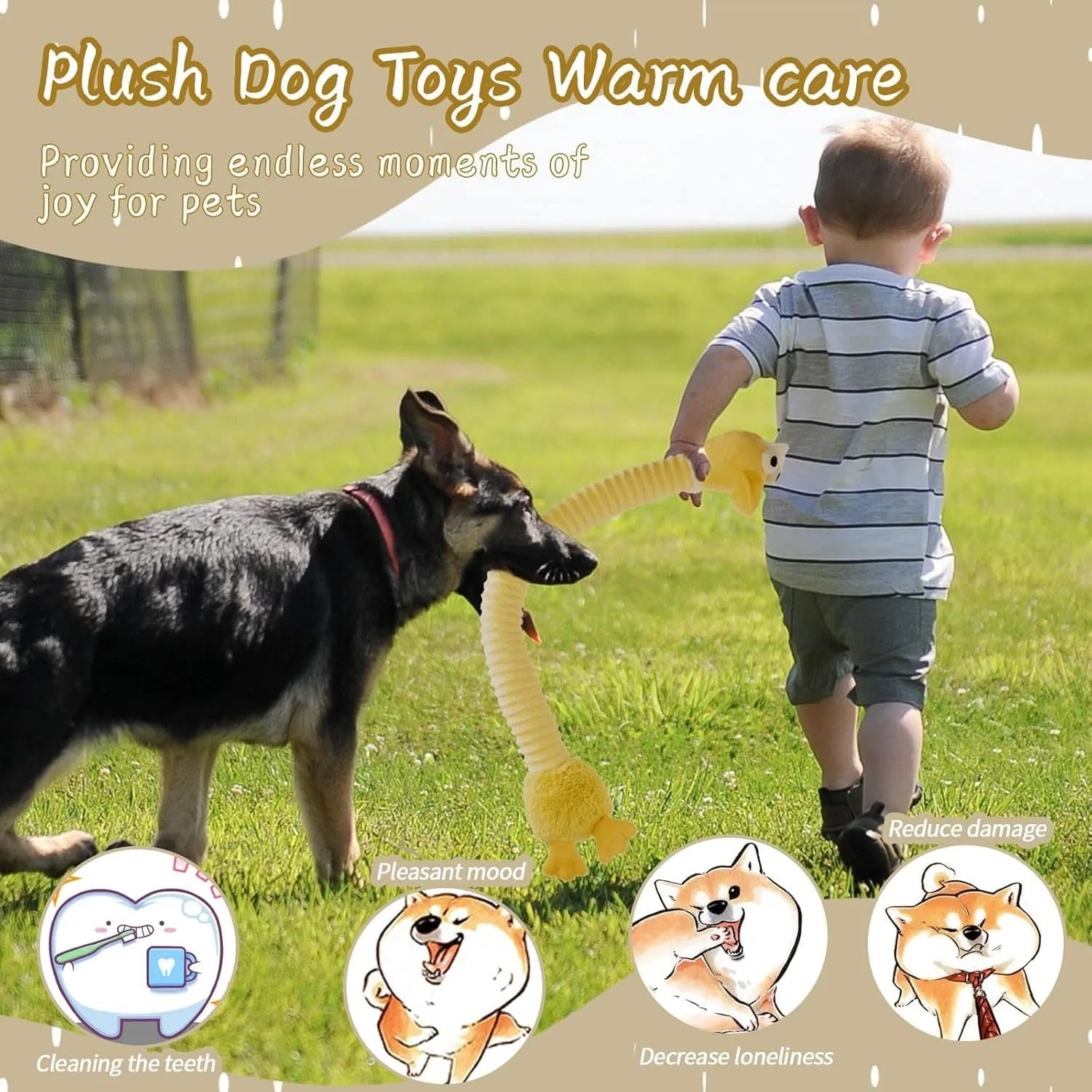 Brown, grey, and yellow plush dog toys with a foldable design for squeaky and crinkle play.