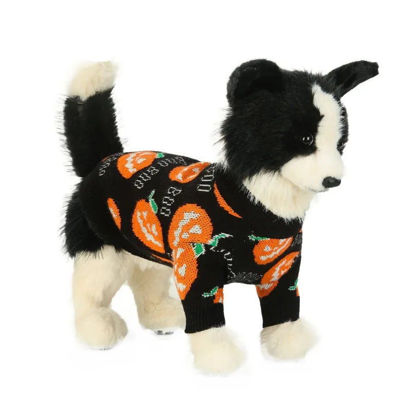 Black dog sweater with orange Halloween pumpkin pattern design for pet costumes