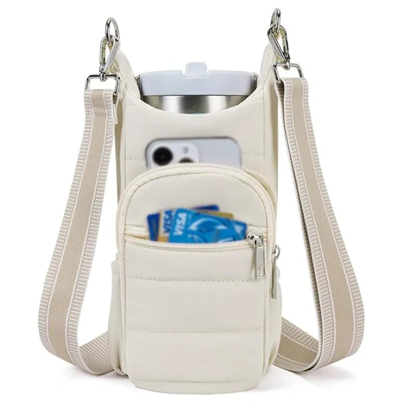Cloth water bottle bag for bicycles in black, pink, or beige colours with modern simplicity design