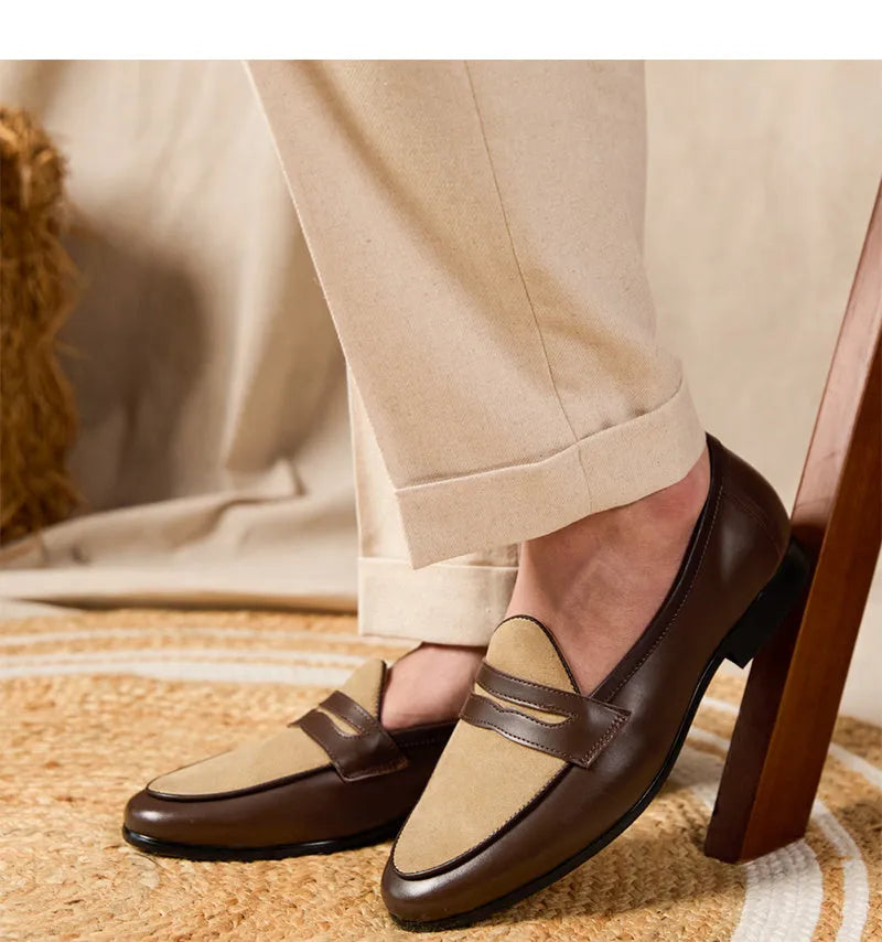 Coffee-grey suede leather men's loafers with a rubber sole and slip-on design