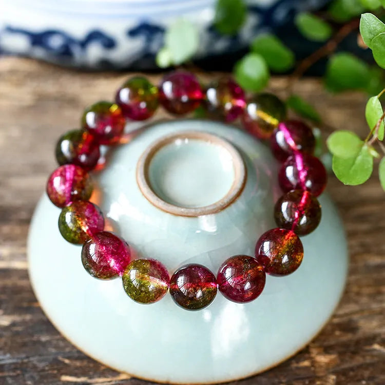 Women's handmade watermelon crystal bracelet showing pastoral casual style with adjustable sizing options