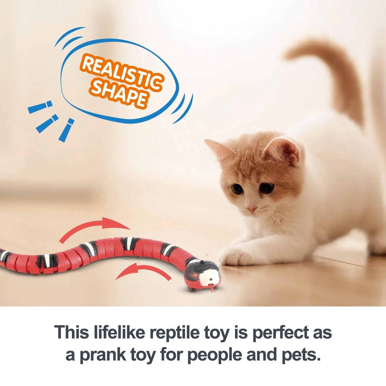 Electronic snake cat toy with segmented plastic body showing S-type crawling motion on floor
