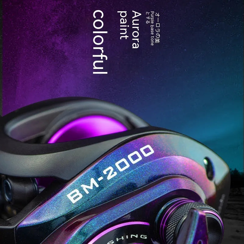 BM2000 fishing reel on a rod seat, showing left-hand and right-hand retrieve model options.