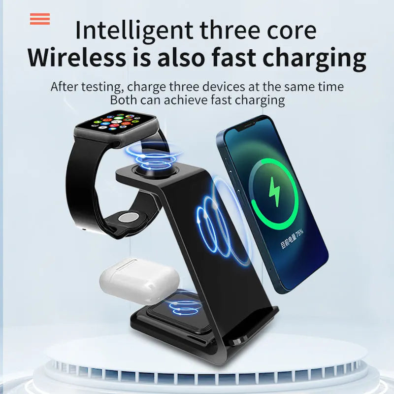 White 3-in-1 dual coil wireless charging stand holding a mobile phone upright on a desk.