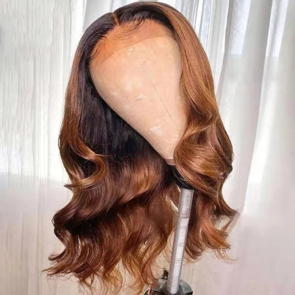 Human hair gradient wig with lace front cap in Ruili style, shown in a long length.