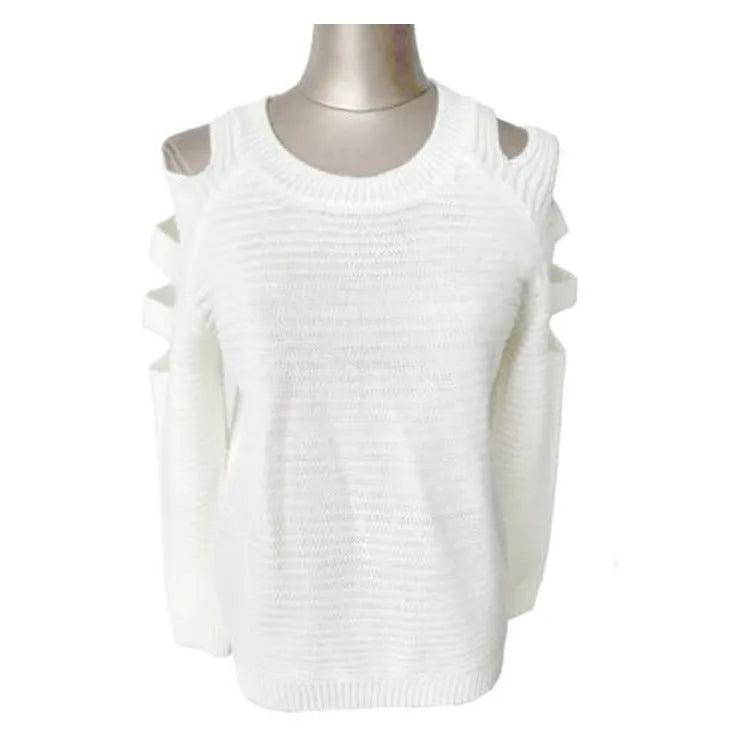 Women's grey crocheted hollow-out long-sleeved shirt with a round neckline.