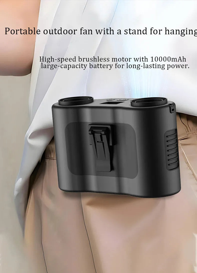 Black waist-hung personal fan with neck lanyard and waist buckle, showing five-blade turbine design