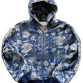 Men's blue loose hooded zip coat with long sleeves on a hanger
