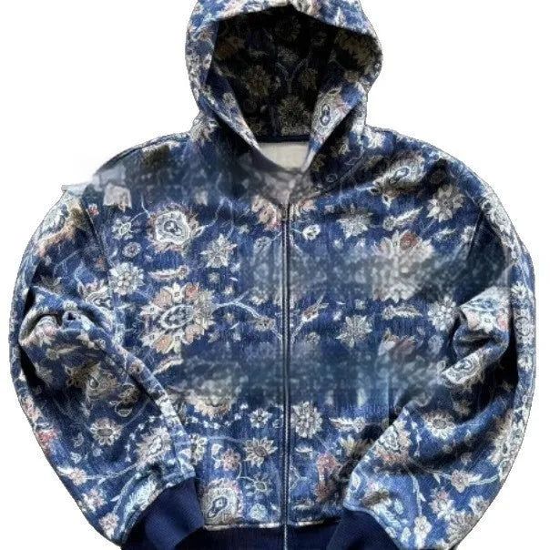 Men's blue loose hooded zip coat with long sleeves on a hanger