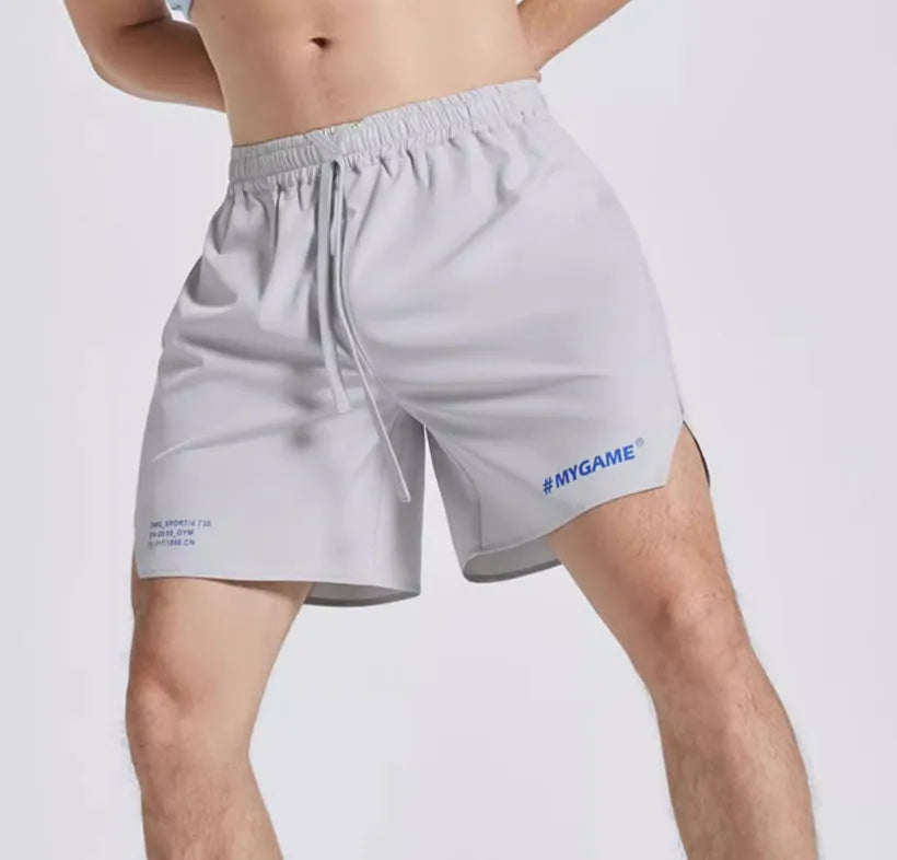 Men's fitness training shorts in blue, black, grey, or white made from polyester and spandex fabric.
