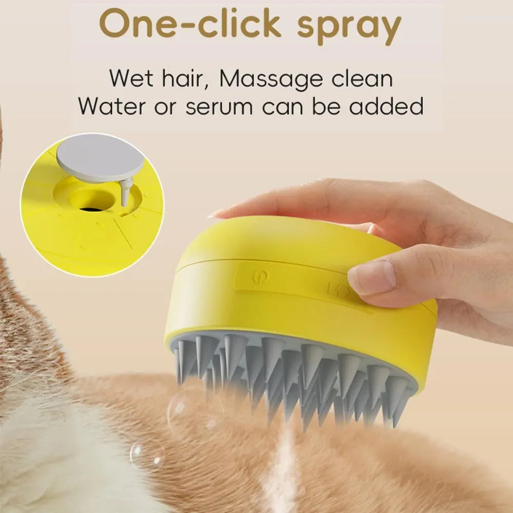 Green rechargeable cat steam brush with silicone bristles on a white background
