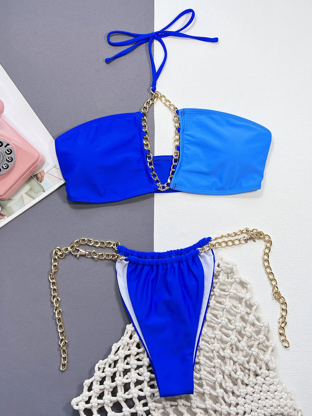 Solid blue colour women's split bikini swimsuit with separate top and bottom pieces