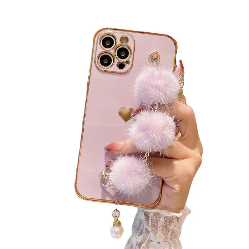 Soft silicone iPhone case with plush bracelet and holder, side love design, electroplated rear cover.