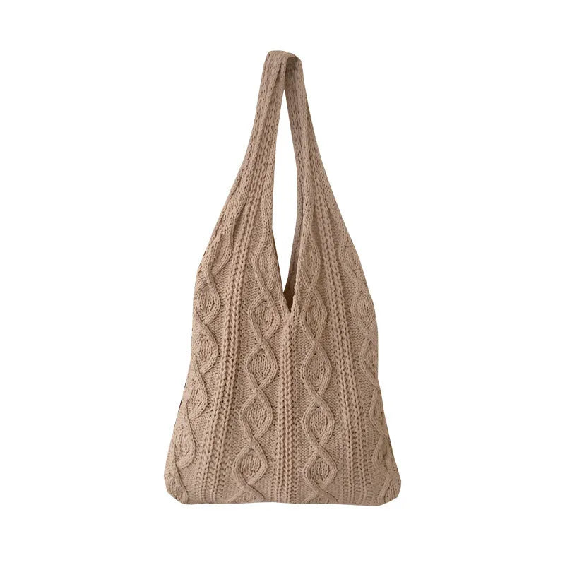 Retro hollow-knitted wool yarn women's shoulder tote bag in solid colour with double straps