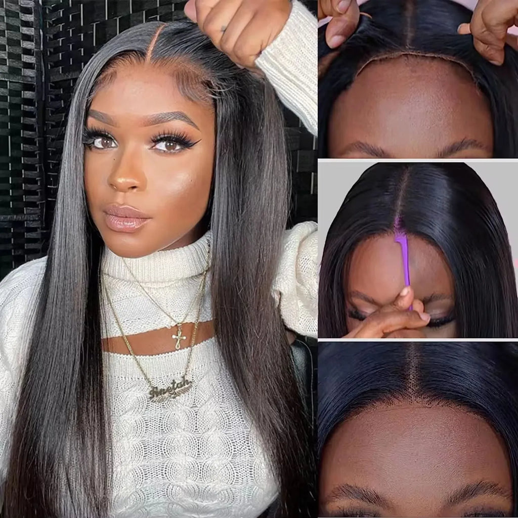 A woman wearing a long, straight glueless human hair wig with side bangs
