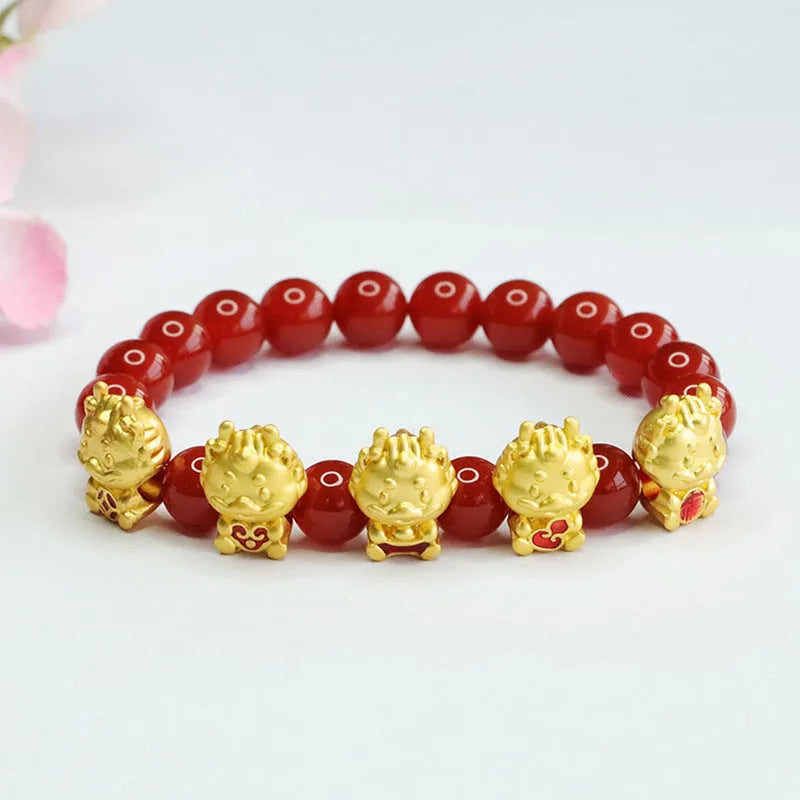 Natural red agate beaded bracelet with Chinese Five Blessing Dragon design on 8mm beads.