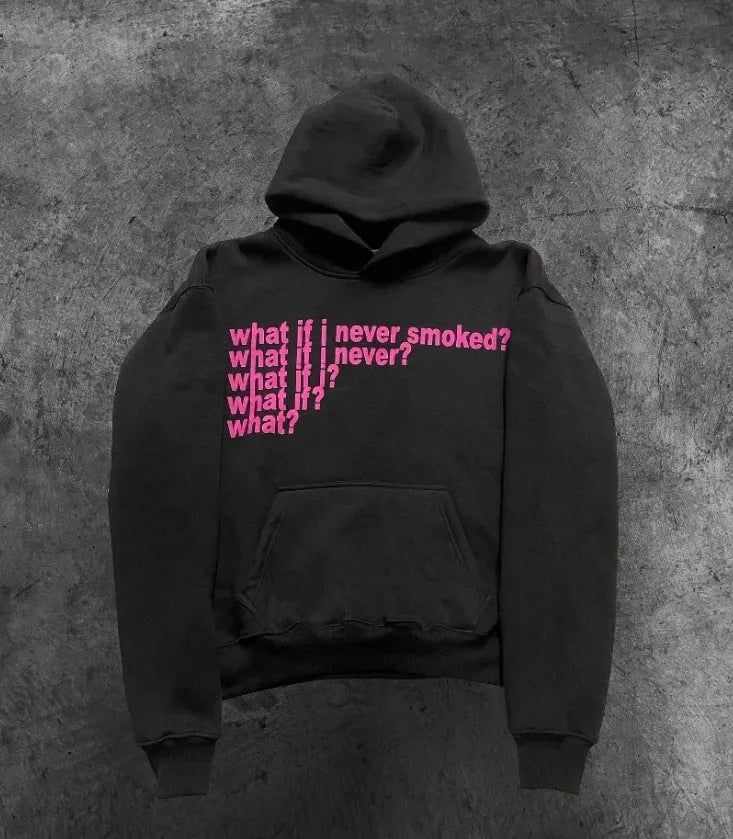 Black hooded sweatshirt with a white letter print graphic on the front.