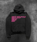 Black hooded sweatshirt with a white letter print graphic on the front.
