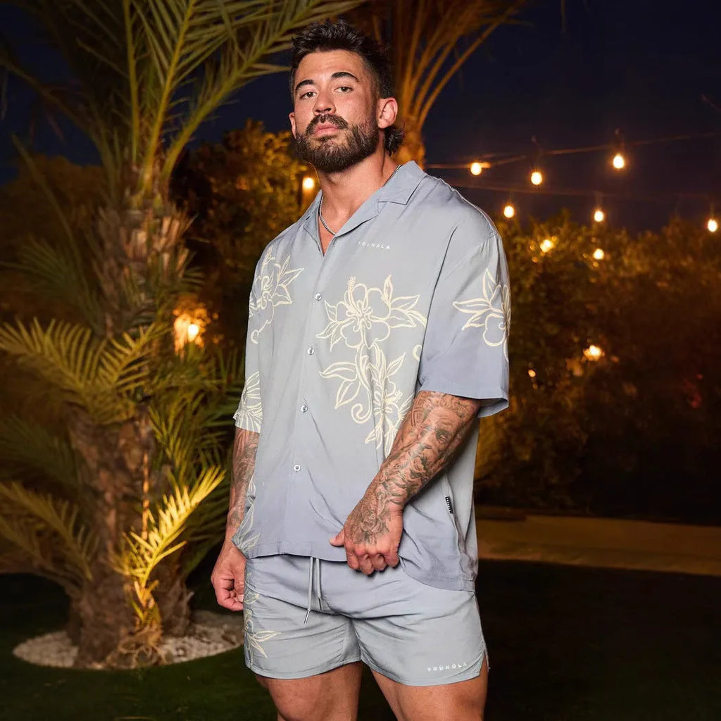 Men's loose fit short sleeve cardigan with printed floral pattern in beige colour
