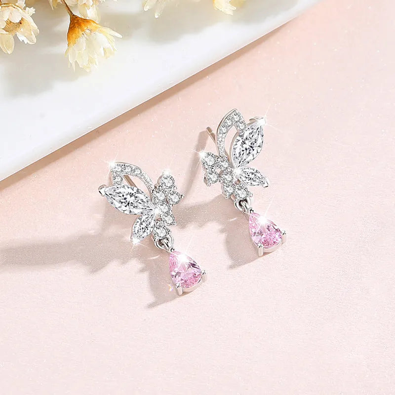Butterfly crystal silver stud earrings for women in 925 sterling silver with secure clutch backs